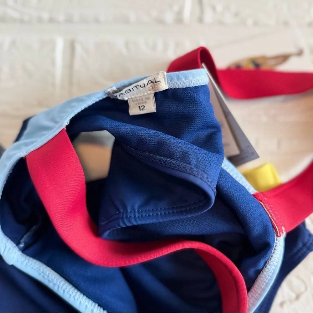 New Habitual Kids Blue, Red, and Yellow Two Piece Swimsuit Sz 12 Top 10 Bottoms
